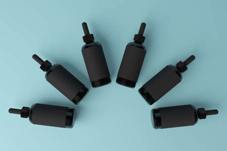Empty black fluid containers on blue background. Medical,  drug, dosage and advertisement concept. Mock up, 3D Rendering の写真素材