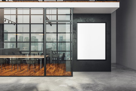 Modern coworking office with furniture, equipment and empty poster on wall. Mock up, 3D Rendering の写真素材