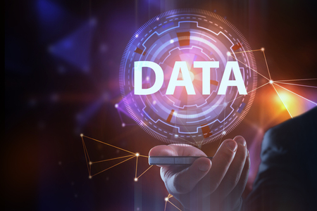 Businessman hand holding cellphone with abstract data interface. Future and innovation concept. 3D Rendereing の写真素材