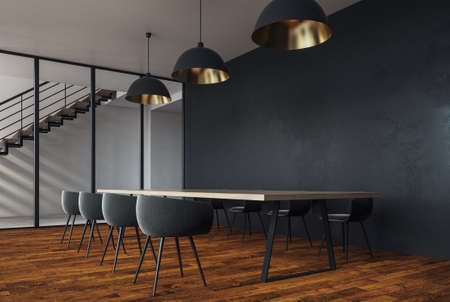 Modern meeting room interior with copy space on concrete wall, wooden floor and equipment. Mock up, 3D Rendering の写真素材
