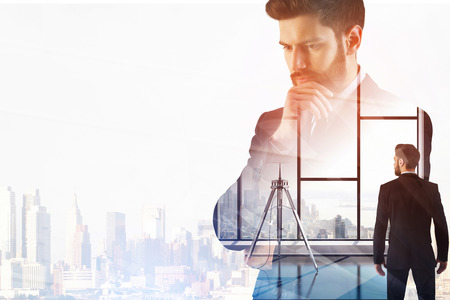 Success, employment and work concept. Businessman on abstract city office interior background. Double exposure の写真素材