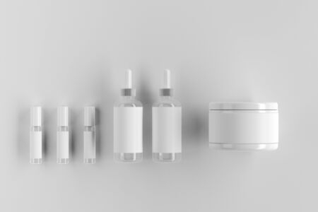 Close up of clean white make-up or medicine packaging objetcs. Advertisement concept. Mock up, 3D Renderingの写真素材