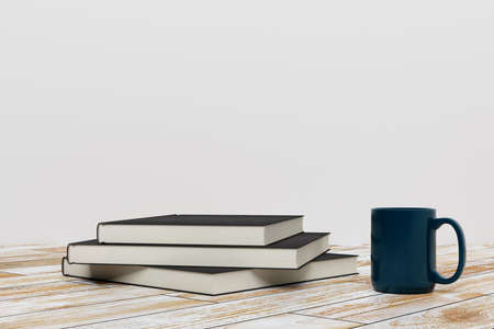 Close up of books, coffee cup and copy space. Education and knoweldge concept. 3D Rendering 