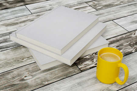 Close up of books, coffee cup and copy space. Education and workspace concept. 3D Rendering 