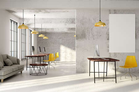 Modern coworking office interior with empty banner on wall and equipment. Mock up, 3D Rendering の写真素材