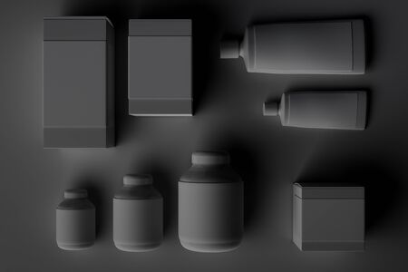 Close up of empty grey makeup or medicine package items. Advertisement, design, commerce and retail...