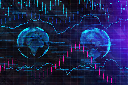 Creative glowing forex background with globe. Investment, stock, finance, analysis and profit. 3D...