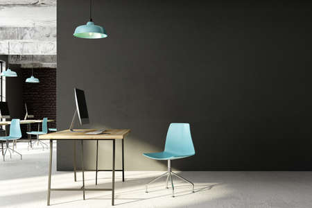 New coworking office interior with copy space on concrete wall and furniture. Mock up, 3D Rendering の写真素材