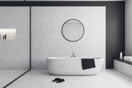 Contemporary glass bathroom interior with bath tub and mirror. 3D Rendering 