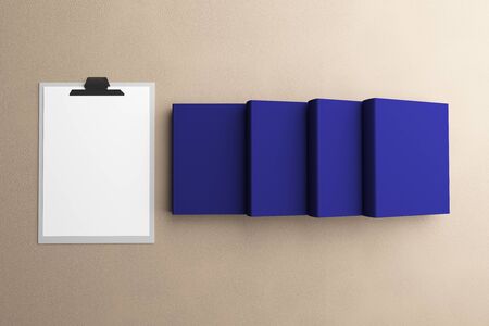 Empty clipboard and document folders on brown background. Mock up, 3D Rendering 