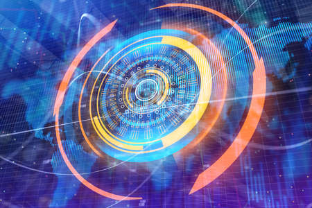Glowing digital button on blurry map background. Global business and media concept. 3D Rendering 