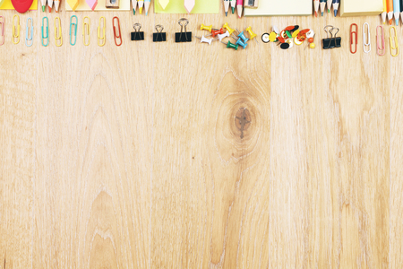 Working wooden office workspace with supplies and copy space. Mock up, Above view and close up の写真素材