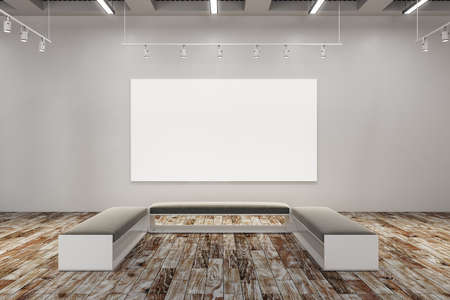 Clean exhibition hall with empty billboard and bench. Gallery, art, exhibit and museum concept. Mock up, 3D Renderingの写真素材