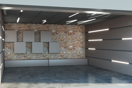 Creative metal garage interior with illuminated walls. 3D Rendering の写真素材