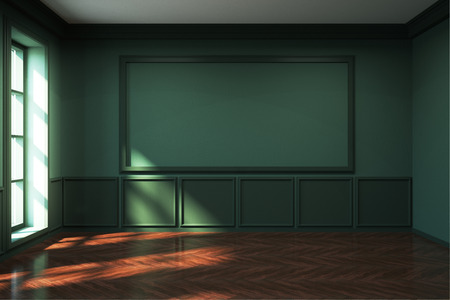 Contemporary classic green interior with empty frame on wall and daylight. Mock up, 3D Rendering の写真素材