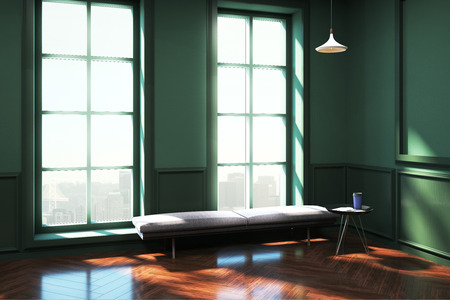 Modern classic green living room with wooden floor, city view and daylight. 3D Rendering 