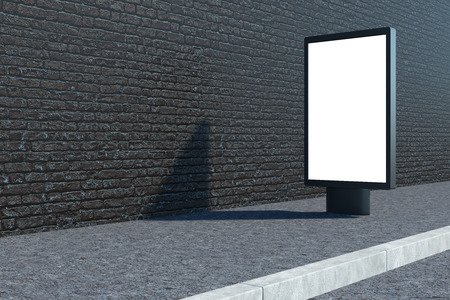 Empty white outdoor ad stand with shadow. Brick building in the background. Advertisement and retail concept. Mock up, 3D Rendering の写真素材