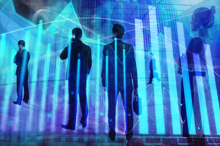 Businesspeople silhouettes in modern office interior with forex chart. Meeting, teamwork, finance and stock exchange concept. Double exposure の写真素材