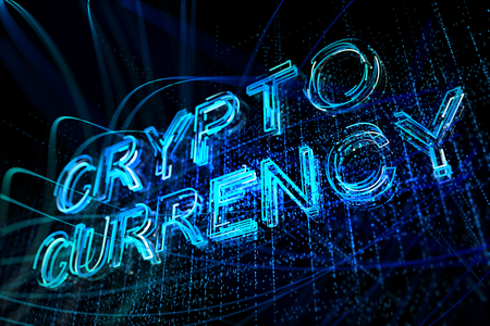 Creative glowing cryptocurrency background with text. 3D Rendering の写真素材