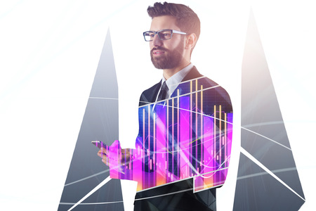 Businessman using smartphone on abstract city background with forex chart. Technology and statistics concept. Double exposure の写真素材