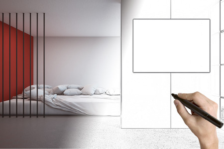 Hand drawing creative bedroom interior sketch with empty poster. Engineering, architecture and advertisement concept. Mock up, 3D Rendering の写真素材