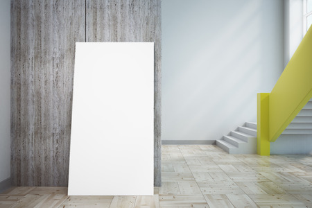 Modern interior with stairs and white poster leaning on concrete wall. Museum concept. Mock up, 3D Rendering の写真素材