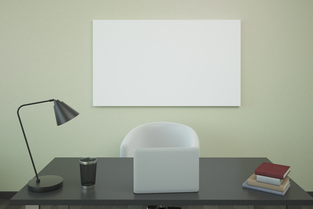 Front view and close up of workplace with laptop, supplies and empty billboard on wall. Mock up, 3D Rendering の写真素材