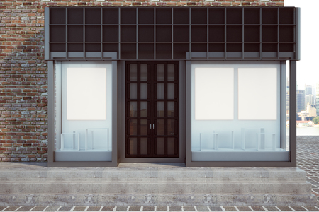 Modern glass storefront with empty banner. Retail and commerce concept. Mock up, 3D Rendering の写真素材