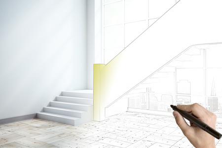 Hand drawing contemporary exhibition hall sketch with copy space. Design and engineering concept. 3D Rendering の写真素材