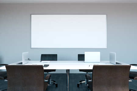 Contemporary office meeting room interior with empty banner on concrete wall. Mock up, 3D Renderingの写真素材
