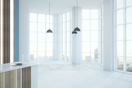 Modern white office lobby interior with city view, daylight and copy space. Mock up, 3D Renderingの写真素材