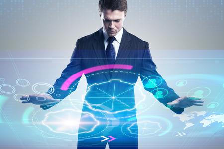 Businessman touching digital screen of cyberface interface with abstract binary background. 3D renderの写真素材