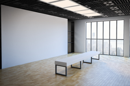 side view on loft style empty exhibition white blank banner in gallery with white bench on parquet floor and floor-to-ceiling window with city view.3D renderingの写真素材