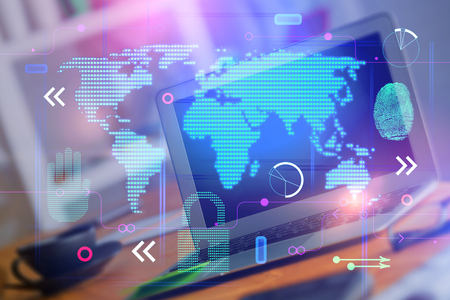 double exposure with worktop with laptop and digital technology elements and world map. 3d rendering