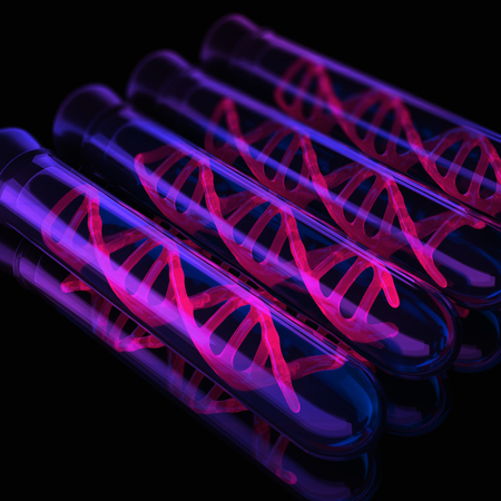 Abstract lab equipment and helix DNA backdrop. Science and medicine concept. 3D Renderingの写真素材