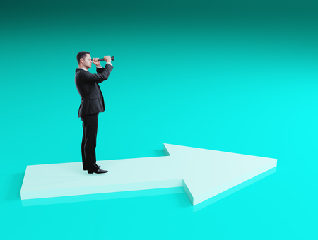 Businessman looking into binoculars on blue background. Success and research conceptの写真素材