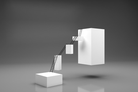 Abstract blocks and ladders on grey background with shadow. Career development and promotion concept. 3D Renderingの写真素材