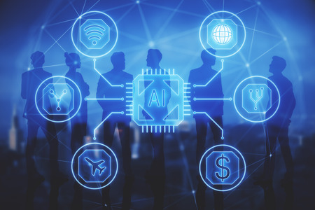 Abstract business interface with businesspeople silhouettes on blurry night city background....