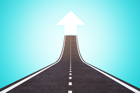 Abstract road with arrow on blue background. Success and direction concept. 3D Renderingの写真素材