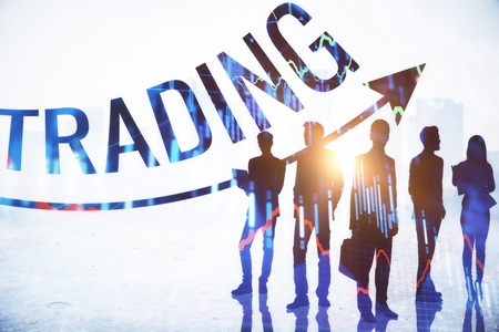 Businesspeople silhouettes standing on abstract city office background with text forex chart. Trade, meeting and economy concept. Double exposureの写真素材