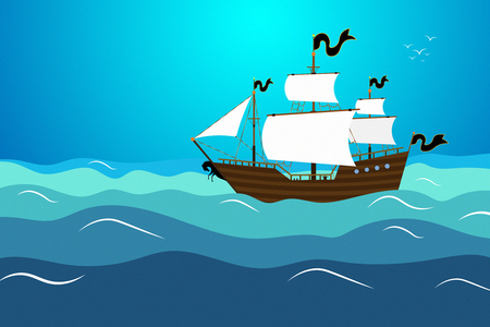 Creative pirate ship cartoon in blue sea. 3D Renderingの写真素材
