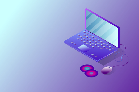 Laptop with discs on purple background. 3D Renderingの写真素材