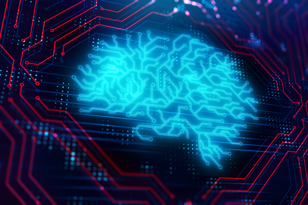 Creative glowing circuit brain background. Artificial intelligence concept. 3D Rendering