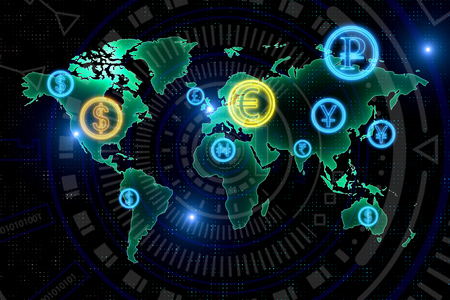Abstract digital map with currency signs. Global business and trade concept. 3D Renderingの写真素材