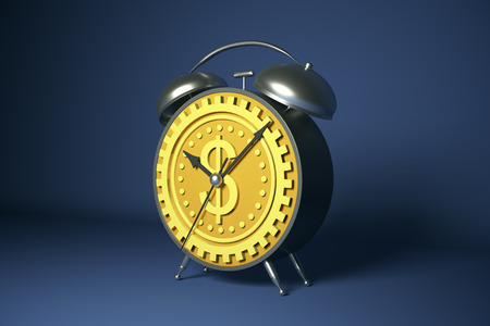 Creative golden alarm clock with gear dollar dial. Money and time concept. 3D Renderingの写真素材