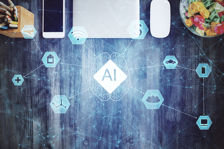 AI (Artificial Intelligence) concept. deep learning. Double exposure desktop background.の写真素材