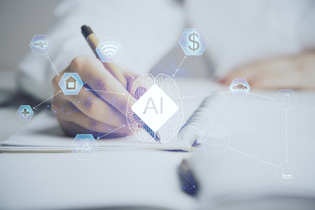 AI (Artificial Intelligence) concept. deep learning. Double exposure hands writing pad background.の写真素材