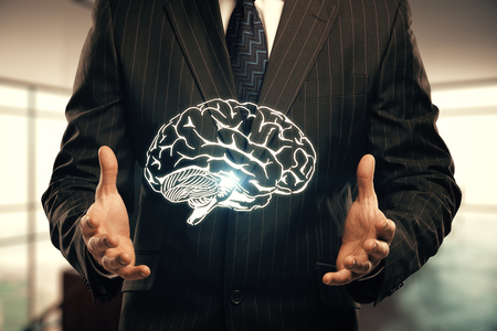 double exposure of human brain sketch and man hand. Brainstorming concept.の写真素材