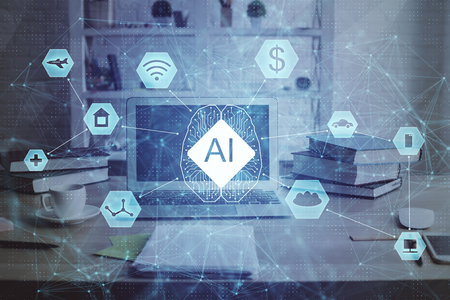 AI (Artificial Intelligence) concept. deep learning. Double exposure desktop background.の写真素材