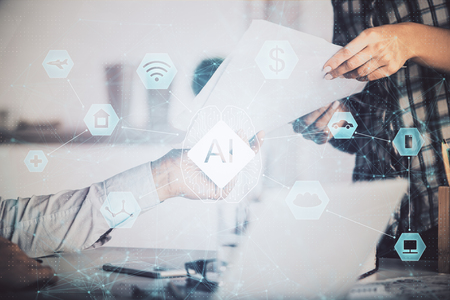 AI (Artificial Intelligence) concept. deep learning. Double exposure hands typing laptop.の写真素材